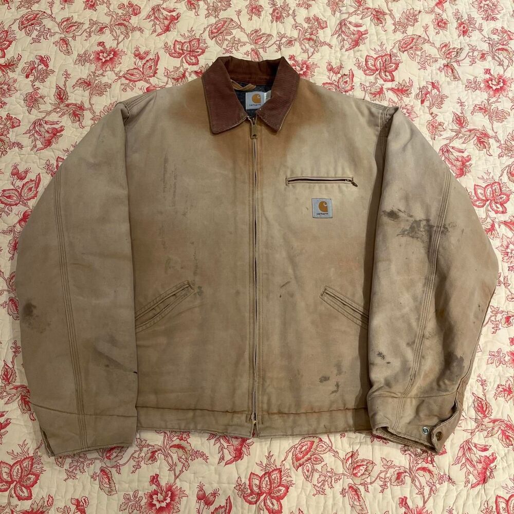Vintage 90s Carhartt Detroit Jacket Cream Corduroy Collar Made in the USA lined